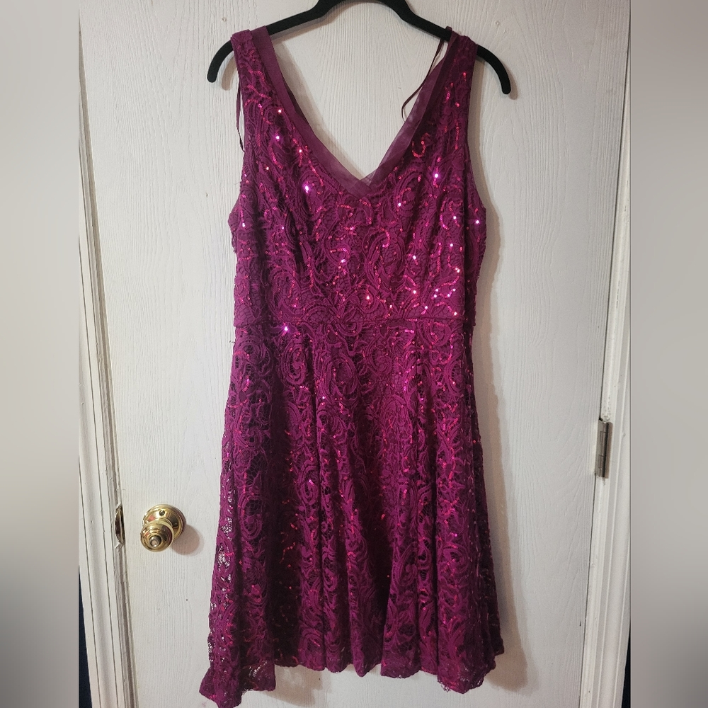 Fuchsia sequin and lace cocktail dress by Marina - Size 12